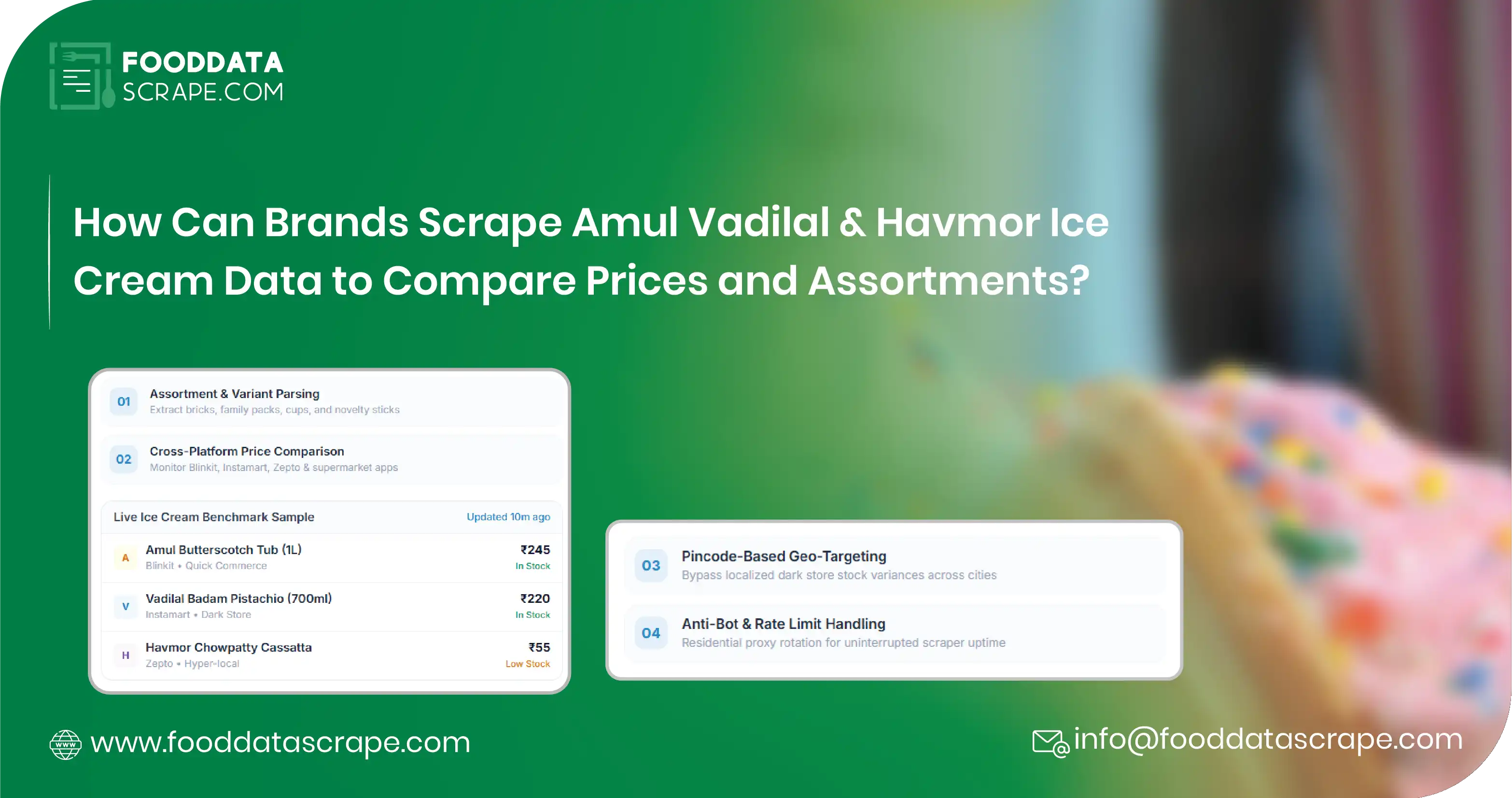 Scrape Amul Vadilal & Havmor Ice Cream Data for Competitive Pricing, Product Assortment, Promotions, Availability, and Market Intelligence Across India.